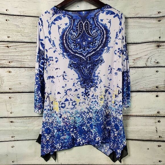 Peter Nygard Women's Tunic Top Size L Blue Abstract Boho Print Hi-Low Hem 3/4 Sl - Picture 4 of 6